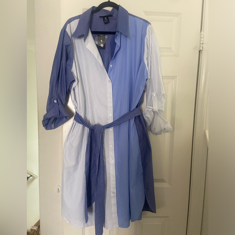 Ashley Stewart Blue Pinstripe Shirtdress